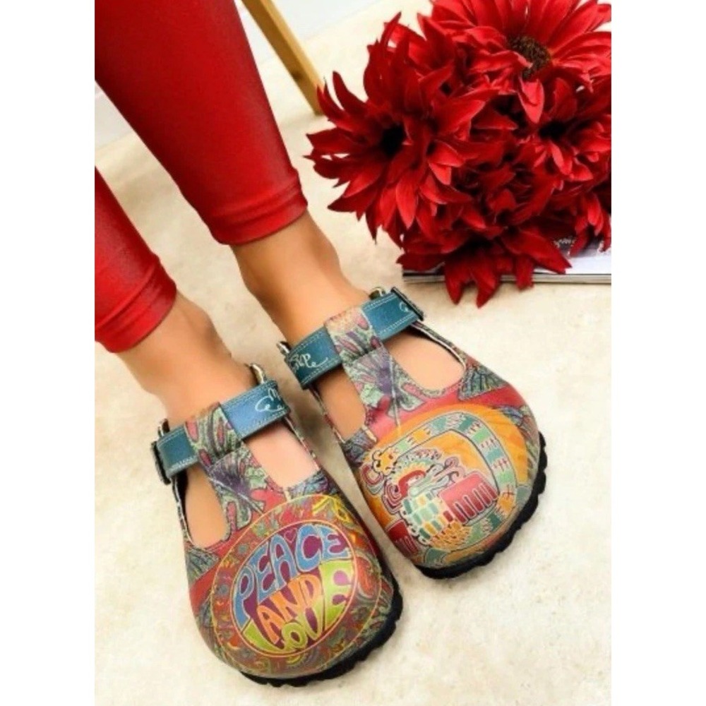 Calceo Clogs 40 Multicolor Peace and Love Psychedelic T-Strap Comfort Shoes